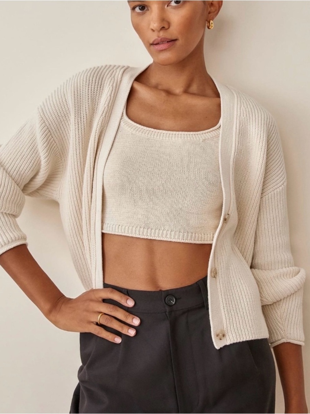 Reformation Elke Cream Ribbed Button Cardigan with Matching Crop Tank